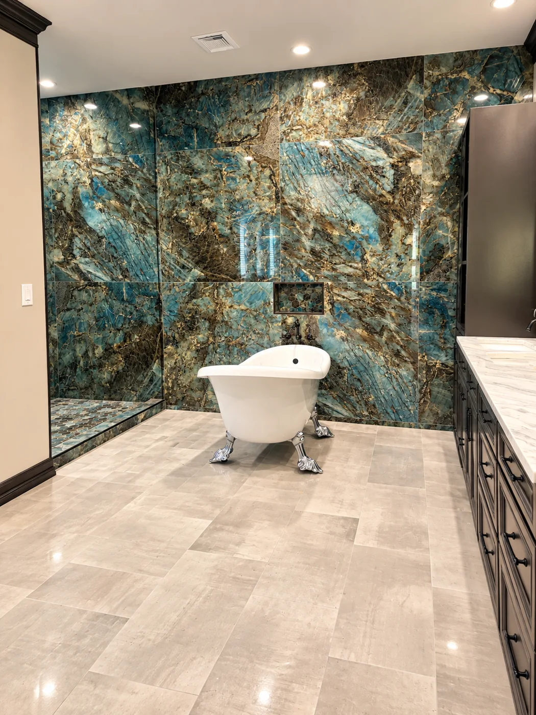 Blue marble-look bathroom with freestanding tub